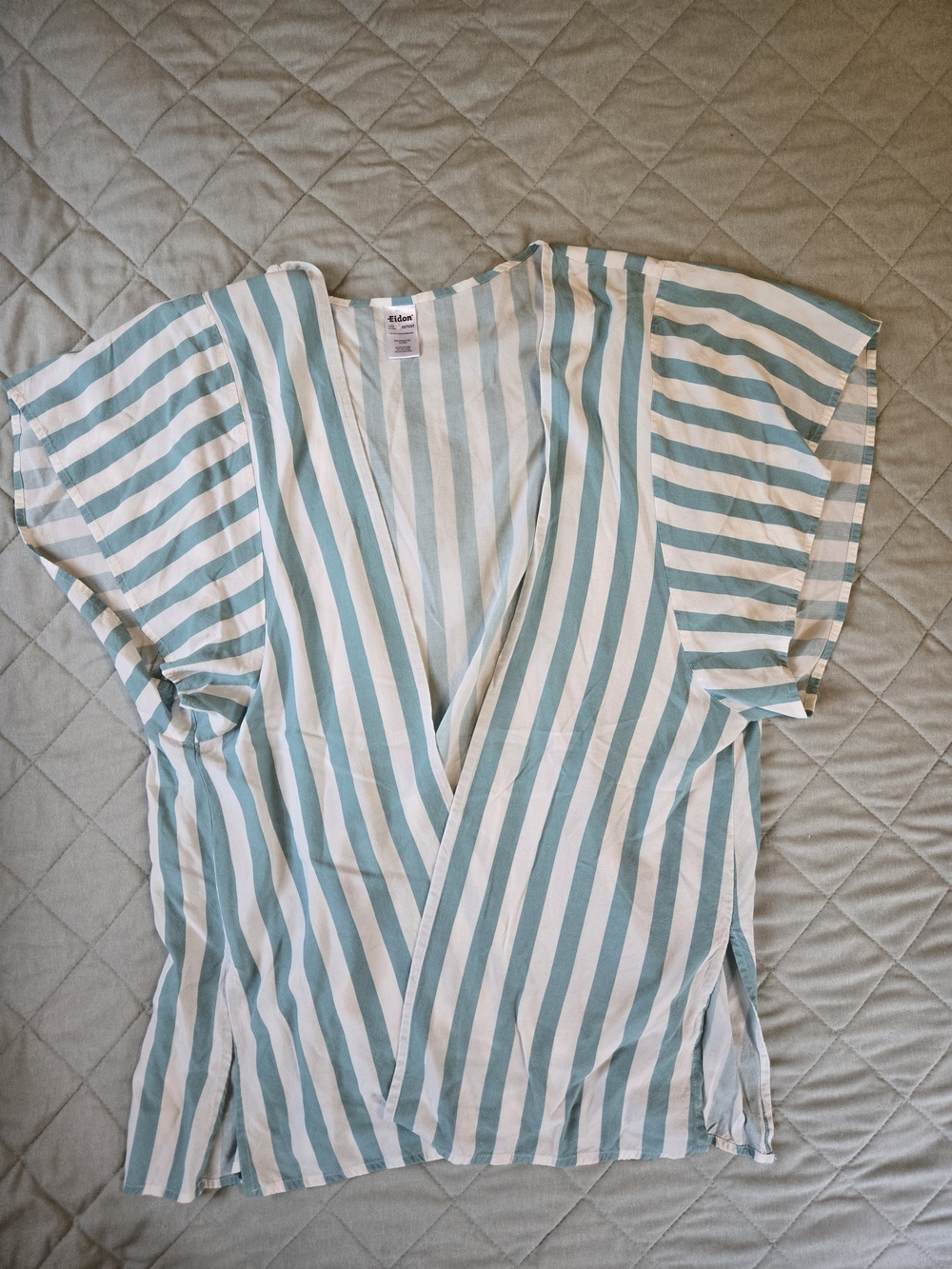 Mint Green & White Striped Short Sleeve Open Front Tunic